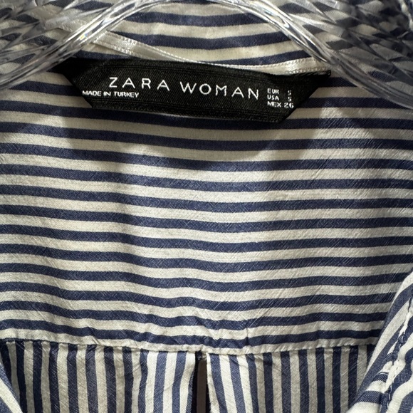 ZARA White Blue Pinstripe Button Up Slouchy Blouse - Picture 3 of 3